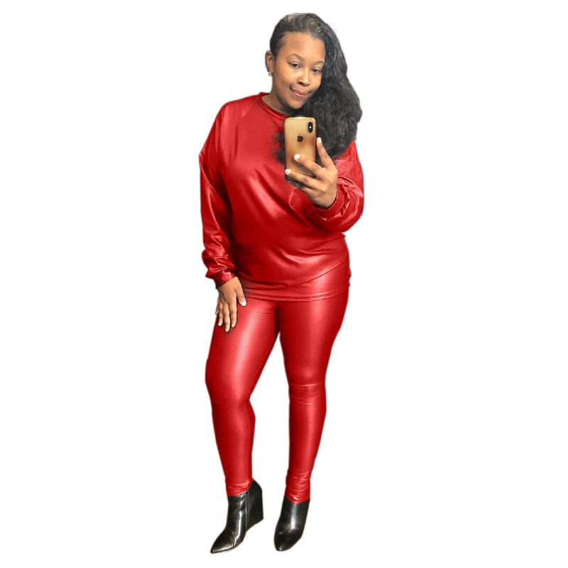 Plus Size Clothing Two Piece Set Women PU Outfit Tracksuit Loose Top Leggings Jogger Tracksuit