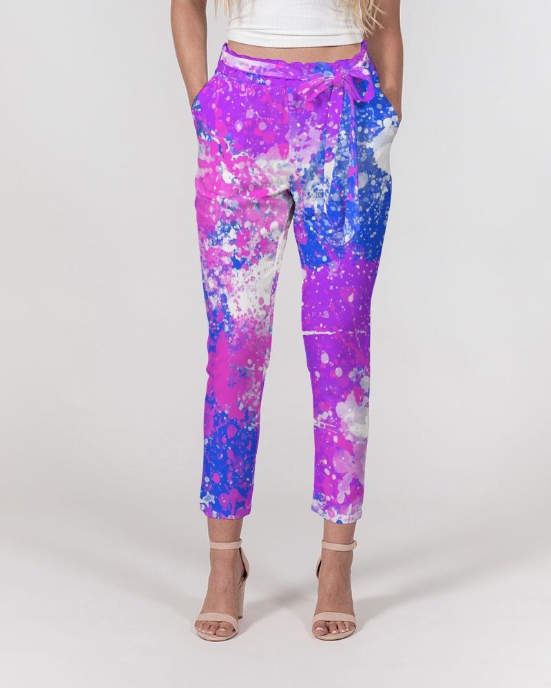 Women's Pants, Tapered Cut Trousers - Belted / Pink / Tie-Dye Design