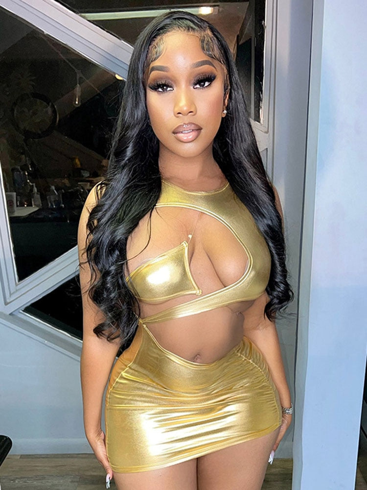 Sexy Slim Hollow Out Bodycon Dress For Women Clothes O-Neck Folding Lace-Up Outfit Street wear Backless