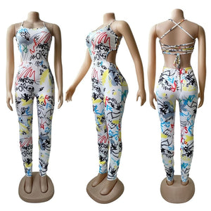 Women Trendy Fashion Graffiti Printed Street Sexy Straps Sleeveless Clothing Bodysuit