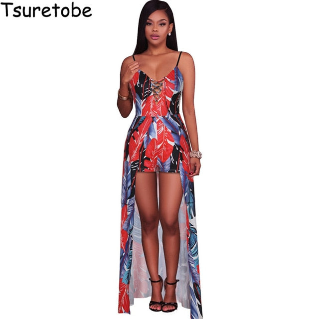 Summer Print Floral Beach Sexy Romper Women Jumpsuit Skirt Elastic Overalls