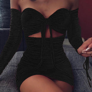 Women Strapless Hollow Out Long Sleeve Summer Dress Solid Pleating Bandage Dresses