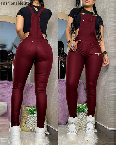 Women Buckled Zipper Design Suspender Jumpsuit Thick Strap Pockets
