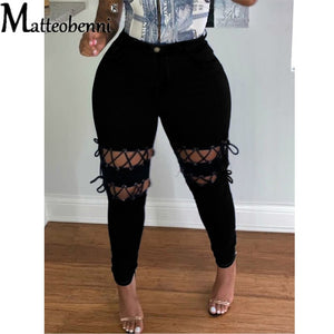 Plus Size Women Solid Lace-Up Hollow Out Jeans High Waist