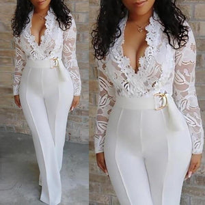 White Lace Stitching Long Sleeve V-neck Plus Size Wide Leg Long Pants