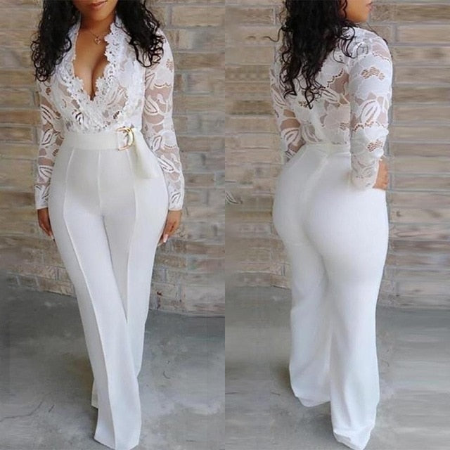 White Lace Stitching Long Sleeve V-neck Plus Size Wide Leg Long Pants