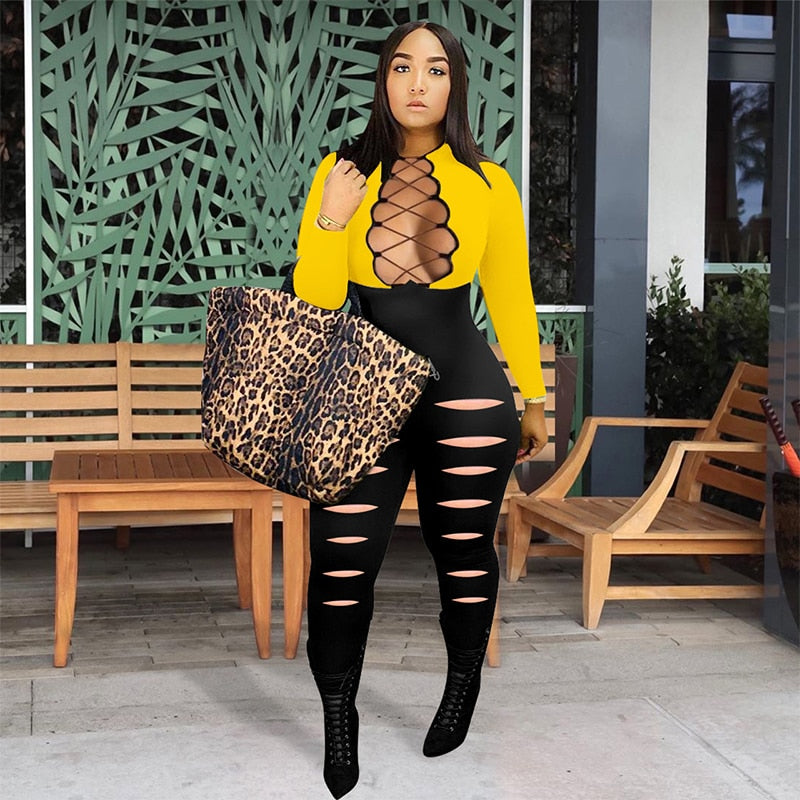 Sexy Plus Size Bodycon Jumpsuit Long Sleeve Bandage Women Festival Clothing Fashion Streetwear One Piece Outfits