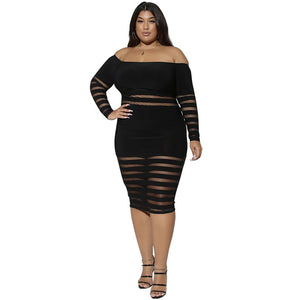 Plus Size Clothing for Women Off Shoulder Sexy Mesh See Through Dresses Long Sleeve Party Bodycon Dress