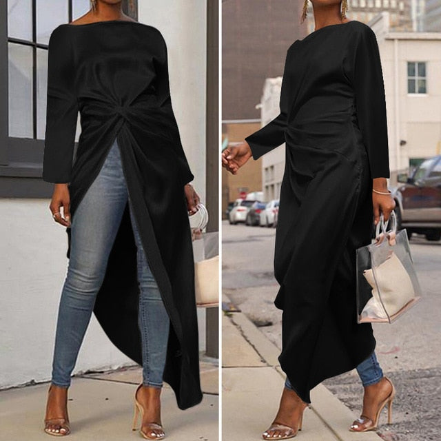 VONDA Women Asymmetrical Blouse Sexy Split Striped Tops