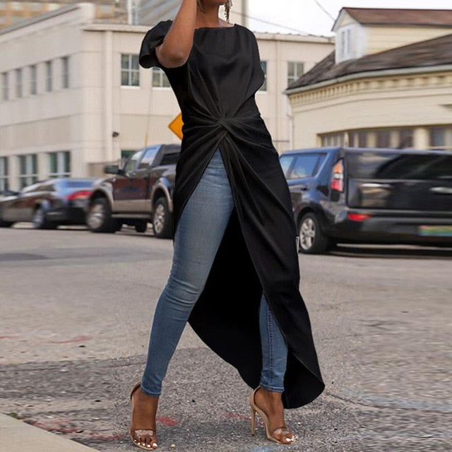 VONDA Women Asymmetrical Blouse Sexy Split Striped Tops