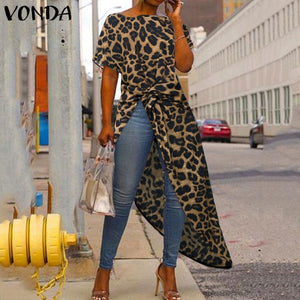 VONDA Women Asymmetrical Blouse Sexy Split Striped Tops