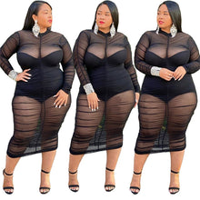 Load image into Gallery viewer, Plus Size Clothing Dresses for Women Long Sleeve Dress with Bodysuit Lining Sexy Mesh Bodycon Dress