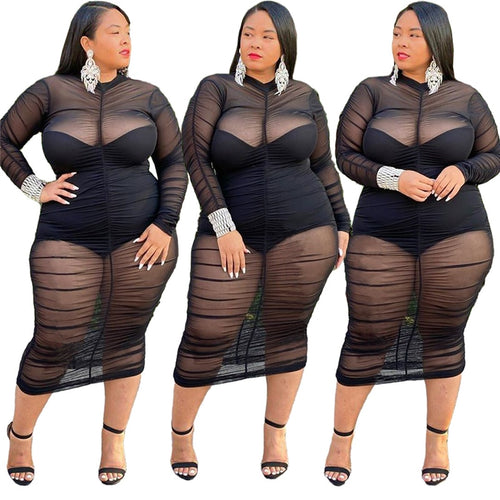 Plus Size Clothing Dresses for Women Long Sleeve Dress with Bodysuit Lining Sexy Mesh Bodycon Dress