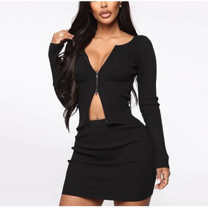 Solid Color Sexy 2 Piece Set Spring Bodycon Outfit Long Sleeve Top & Skirt Set