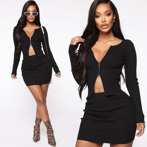 Solid Color Sexy 2 Piece Set Spring Bodycon Outfit Long Sleeve Top & Skirt Set