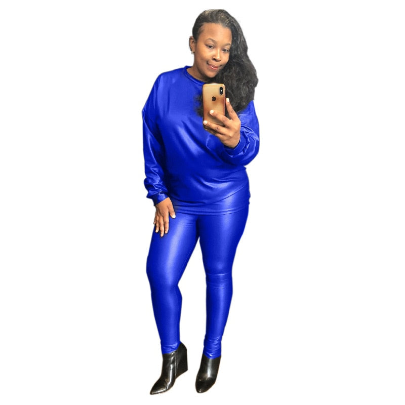 Plus Size Clothing Two Piece Set Women PU Outfit Tracksuit Loose Top Leggings Jogger Tracksuit