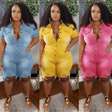 Load image into Gallery viewer, Plus Size Clothing Jeans Jumpsuits Women Short Sleeve Bodysuit Ripped Denim Shorts Jumpsuits