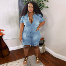 Load image into Gallery viewer, Plus Size Clothing Jeans Jumpsuits Women Short Sleeve Bodysuit Ripped Denim Shorts Jumpsuits