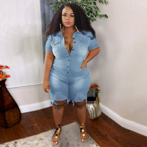 Plus Size Clothing Jeans Jumpsuits Women Short Sleeve Bodysuit Ripped Denim Shorts Jumpsuits