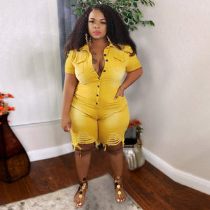 Plus Size Clothing Jeans Jumpsuits Women Short Sleeve Bodysuit Ripped Denim Shorts Jumpsuits