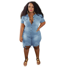 Load image into Gallery viewer, Plus Size Clothing Jeans Jumpsuits Women Short Sleeve Bodysuit Ripped Denim Shorts Jumpsuits