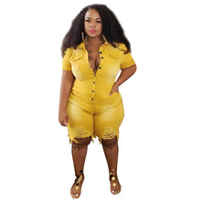 Load image into Gallery viewer, Plus Size Clothing Jeans Jumpsuits Women Short Sleeve Bodysuit Ripped Denim Shorts Jumpsuits