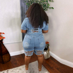 Plus Size Clothing Jeans Jumpsuits Women Short Sleeve Bodysuit Ripped Denim Shorts Jumpsuits