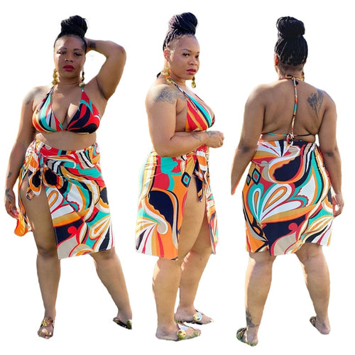 Plus Size 3 Piece Bikini Set Women Print High Waist Wire Free Top Beach Bathing Suits Summer Clothing