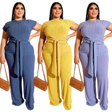 Load image into Gallery viewer, Plus Size Women Clothing Two Piece Set Fashion Round Collar Short Sleeves Bandage Tops Pant Suits