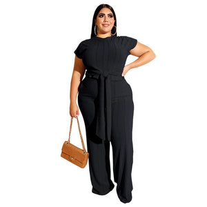 Plus Size Women Clothing Two Piece Set Fashion Round Collar Short Sleeves Bandage Tops Pant Suits