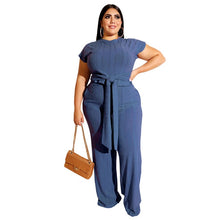 Load image into Gallery viewer, Plus Size Women Clothing Two Piece Set Fashion Round Collar Short Sleeves Bandage Tops Pant Suits