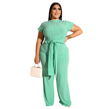 Load image into Gallery viewer, Plus Size Women Clothing Two Piece Set Fashion Round Collar Short Sleeves Bandage Tops Pant Suits