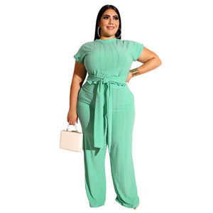 Plus Size Women Clothing Two Piece Set Fashion Round Collar Short Sleeves Bandage Tops Pant Suits