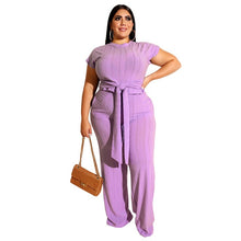 Load image into Gallery viewer, Plus Size Women Clothing Two Piece Set Fashion Round Collar Short Sleeves Bandage Tops Pant Suits