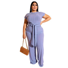 Load image into Gallery viewer, Plus Size Women Clothing Two Piece Set Fashion Round Collar Short Sleeves Bandage Tops Pant Suits