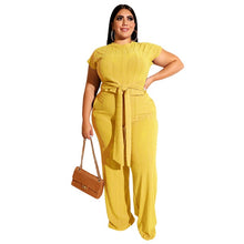 Load image into Gallery viewer, Plus Size Women Clothing Two Piece Set Fashion Round Collar Short Sleeves Bandage Tops Pant Suits