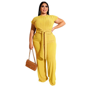 Plus Size Women Clothing Two Piece Set Fashion Round Collar Short Sleeves Bandage Tops Pant Suits