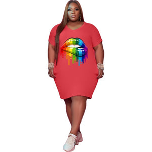 Plus Size Fashion Women's Clothing Sexy Round Neck Pockets Personality Lip Printing Loose Casual Dress