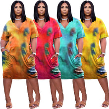 Load image into Gallery viewer, Plus Size Fashion Women&#39;s Clothing Sexy Loose Tie Dye Print Short Sleeve V Neck Pocket Casual Straight Loose Dress