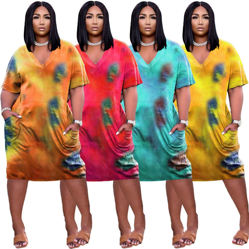 Plus Size Fashion Women's Clothing Sexy Loose Tie Dye Print Short Sleeve V Neck Pocket Casual Straight Loose Dress