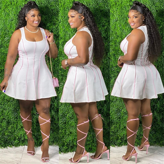 Plus Size Women Clothing Summer Dress 2021  Solid Sleeveless Stitching White Dress