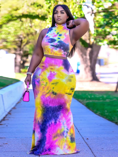 Plus Size Women Clothing Summer Sexy Tie Dye Sleeveless Top And Long Skirt Two Piece Set