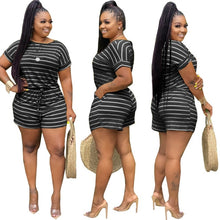 Load image into Gallery viewer, Plus Size Two Piece Set Women Clothing Striped Outfits Round Neck Short Sleeve Crop Top  Shorts Set Tracksuits