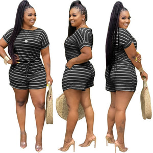 Plus Size Two Piece Set Women Clothing Striped Outfits Round Neck Short Sleeve Crop Top  Shorts Set Tracksuits