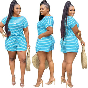 Plus Size Two Piece Set Women Clothing Striped Outfits Round Neck Short Sleeve Crop Top  Shorts Set Tracksuits