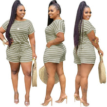 Load image into Gallery viewer, Plus Size Two Piece Set Women Clothing Striped Outfits Round Neck Short Sleeve Crop Top  Shorts Set Tracksuits