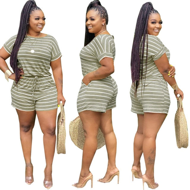 Plus Size Two Piece Set Women Clothing Striped Outfits Round Neck Short Sleeve Crop Top  Shorts Set Tracksuits