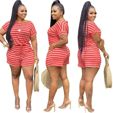 Load image into Gallery viewer, Plus Size Two Piece Set Women Clothing Striped Outfits Round Neck Short Sleeve Crop Top  Shorts Set Tracksuits