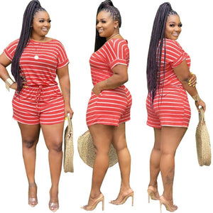 Plus Size Two Piece Set Women Clothing Striped Outfits Round Neck Short Sleeve Crop Top  Shorts Set Tracksuits