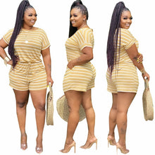 Load image into Gallery viewer, Plus Size Two Piece Set Women Clothing Striped Outfits Round Neck Short Sleeve Crop Top  Shorts Set Tracksuits